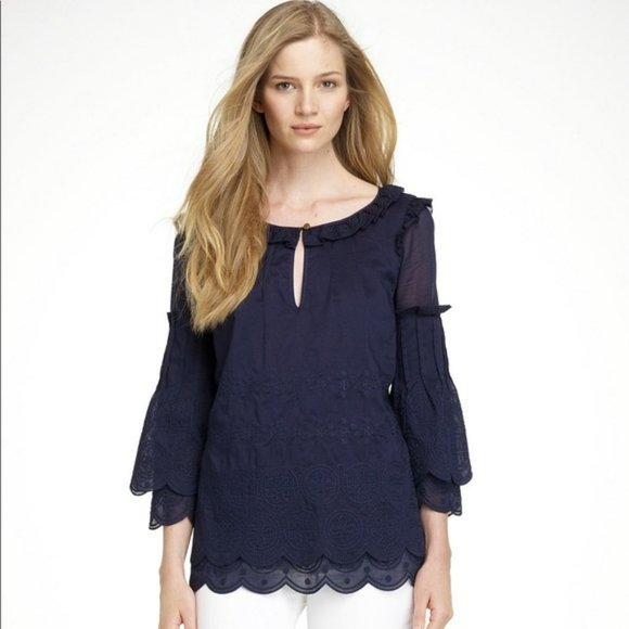 Tory Burch Chelsie Embroidered Ruffle Blouse - Picture 1 of 8